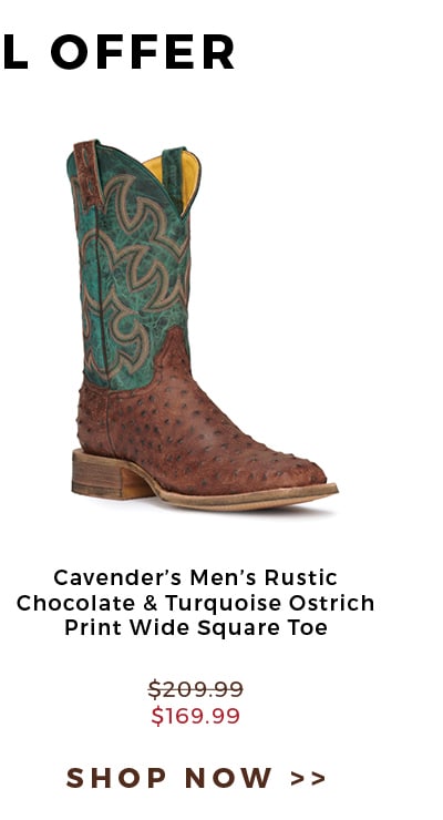 Shop Cavender's Men's Rustic Chocolate & Turquoise Ostrich Print Wide Square Toe Boots